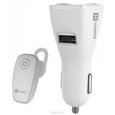 Harper HBT-1723, White Bluetooth-гарнитура + автомобильное зарядное устройство